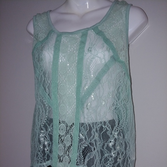 Mint Textured Sheer Hi Low Sleeveless Shirt - Picture 1 of 3
